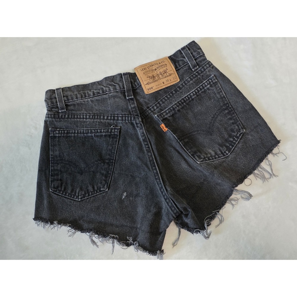 Levi's Vintage 90s Womens W30 550 Orange Tab Cut Off Black Denim Shorts Festival